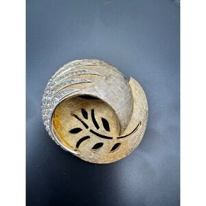 Vintage Gold Tone Rhinestone Swirl Brooch Cutout Leaf Scarf Clip Mid Century